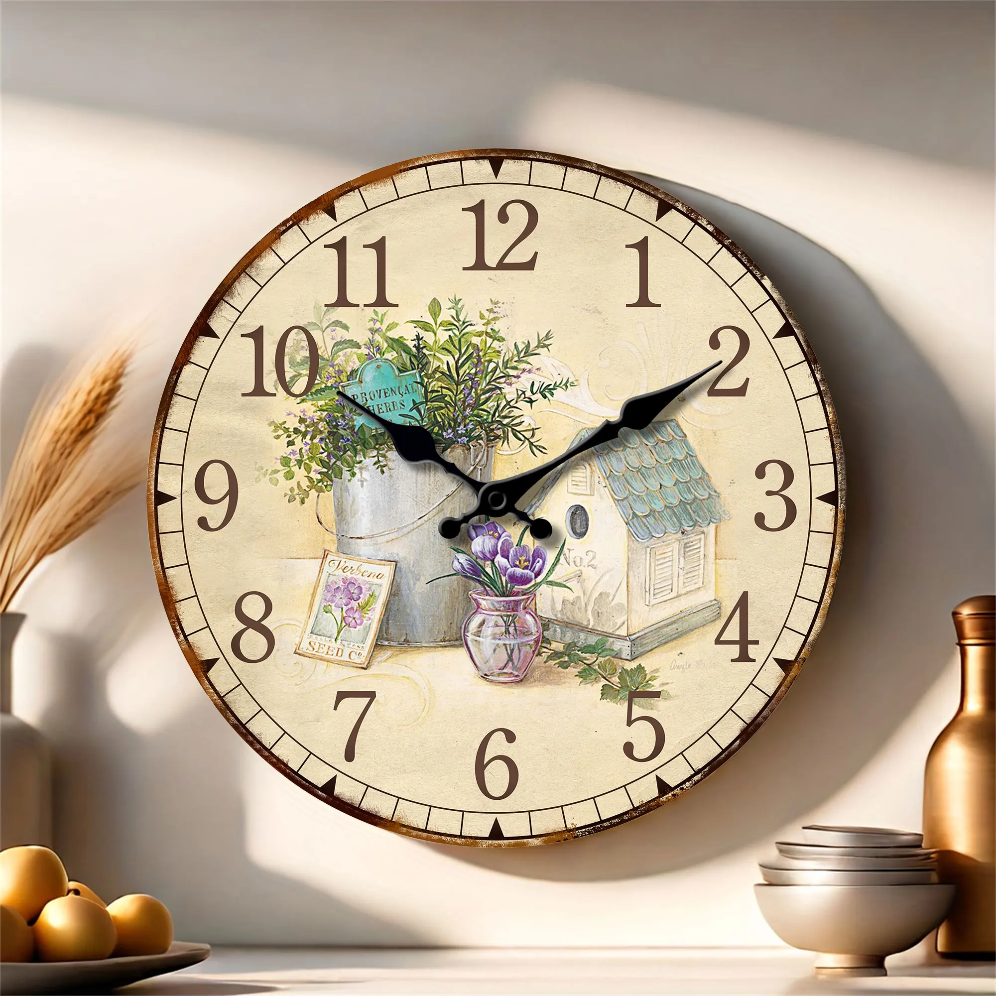 Reloj de pared de madera retro, reloj de pared con diseño de vainilla de lavanda-Provenza, 10-16 pulgadas, silencioso, decoración del hogar, sala de estar, 1 unidad