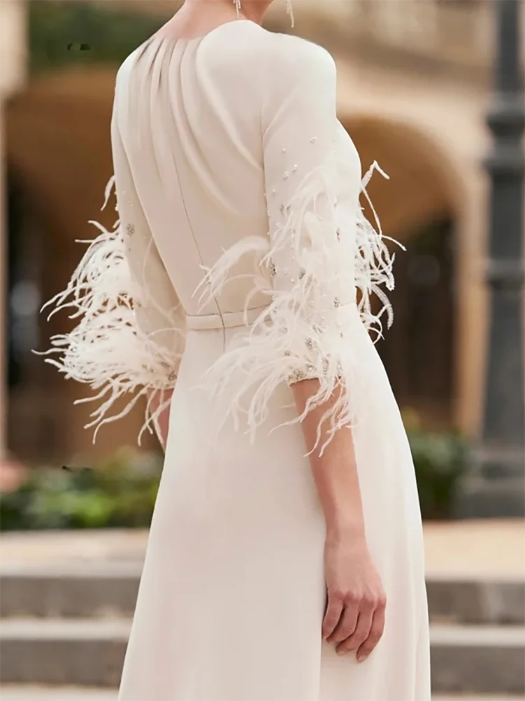 Mother Dresses 2024 Long Wedding Pantsuit Feather O-Neck Half Sleeve Dresses Prom For Gala vestidos para mujer Customized ﻿