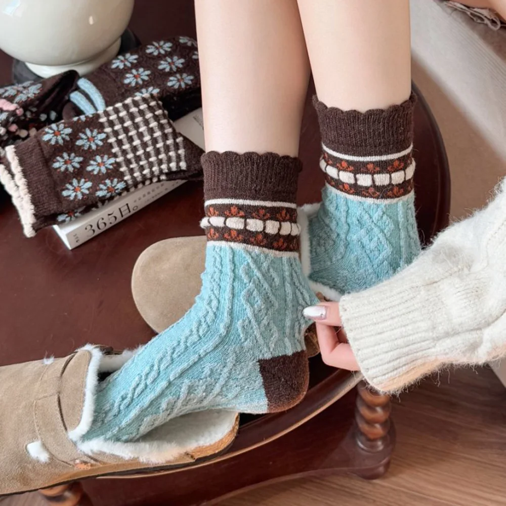 2 زوج الريف نمط المرأة الجوارب طويلة الشتاء الدفء جوارب من الصوف. طباعة لطيف موضة اليابان الشارع امرأة القدم الجوارب مجموعة #3