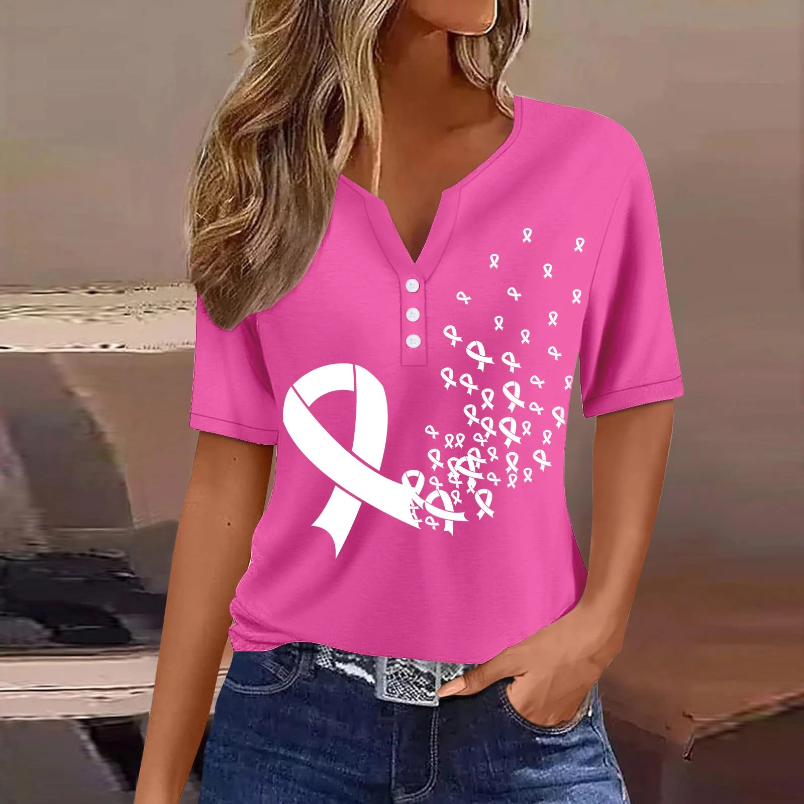 Women's October Pink T-Shirt Breast Cancer Awareness Graphic T Shirts Solid Color Round Neck Short Sleeve Female Tees Cancer