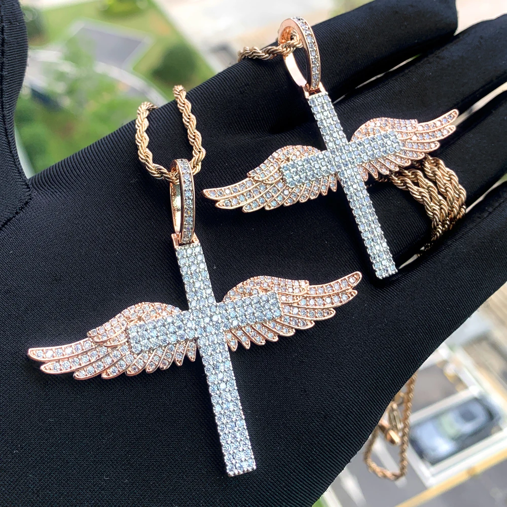 

Bling CZ Iced Out Cross Pendant Necklace Big Angel Wing Paved Cubic Zirconia Cross Pendant for Men Women Hip Hop Jewelry