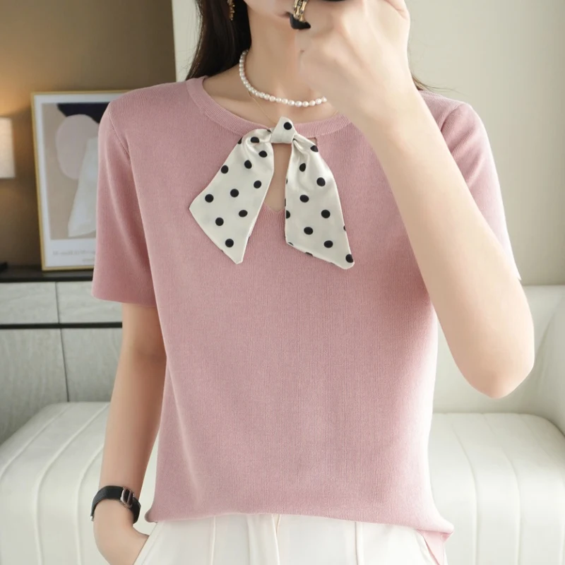 Summer Ice Silk Short Sleeved Fashionable Round Neck Bow Top Elegant Women's Short Sleeved Base  Tops De Mulher  Wonens Tops