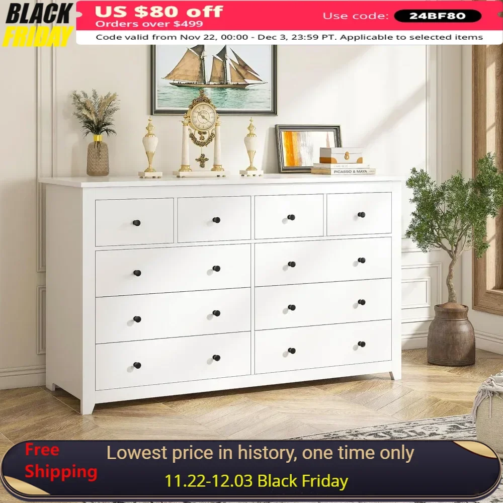 Storage Cabinet with 10 Deep Drawers with Smooth Metal Rail, Large Dressers & Chests of Drawers Wide Dresse, Bedroom Dressser