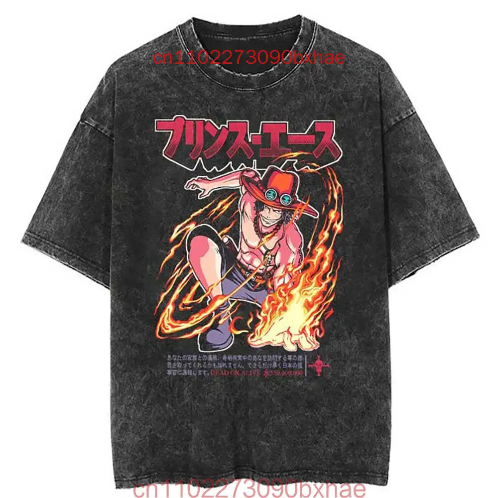 

Japan Anime One PiecePortgas D.Ace Graphic Washed TShirt Men Oversized Casual Tshirts Harajuku Male Vintage Cotton T Shirt
