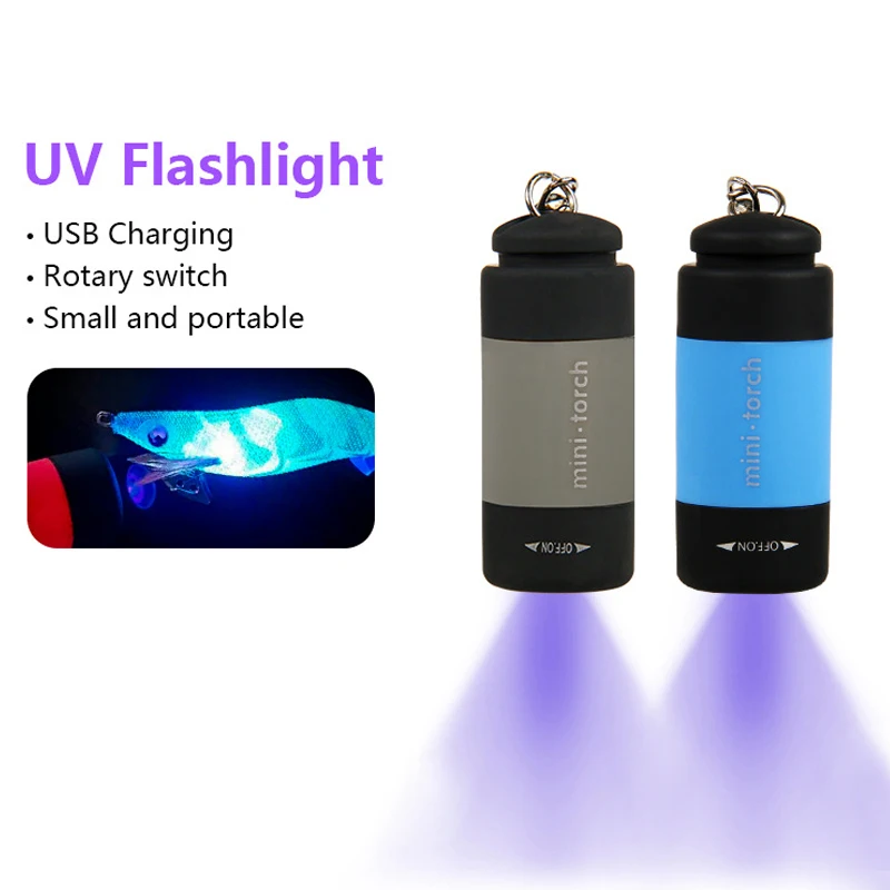 

Mini UV Light Flashlight for Wood Shrimp and Squid Fishing USB Rechargeable Fishing Purple Light Trackle