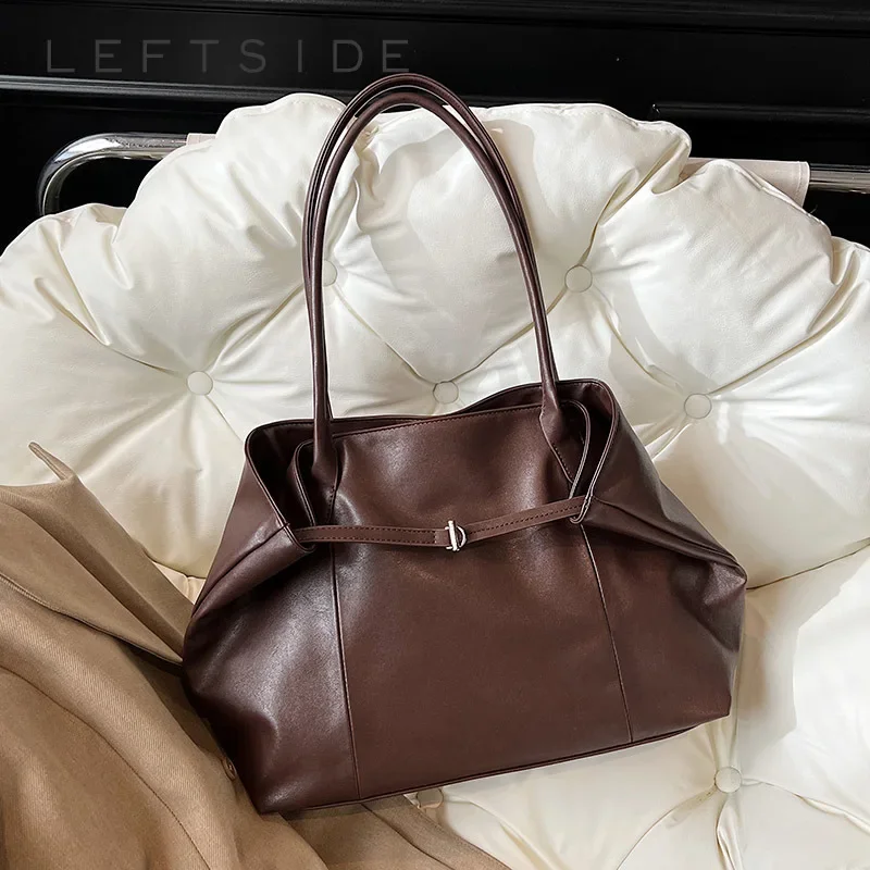 

LEFTSIDE Big PU Leather Tote Bags for Women 2025 Y2K Ladies Shoulder Bag Female Retro Simple Luxury Designer Handbags and Purses