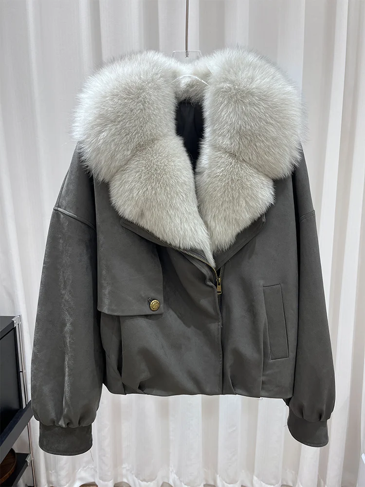 2025 New Winter Natural Fox Fur Collar Goose Down Jacket Women Motorcycle Suit Luxury Puffer Jackets Clothing Hot Sale