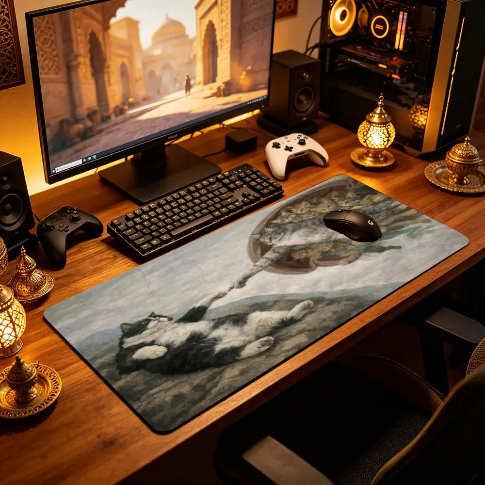 Large Classical Art Parody Desk Pad The Creation Of Adam Funny Cat Meme Retro Oil Painting Desktop Mat alfombrillas gaming