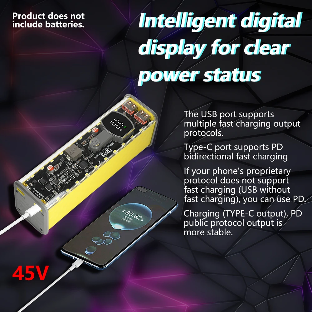 

DIY Powerbank Case PD 45W Fast Charging 8x18650 Batteries LED Screen Transparent Battery Storage Shell Electronic Kit