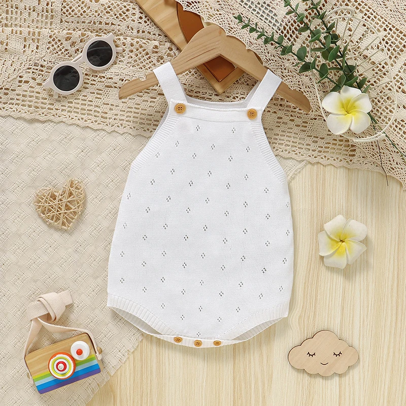 Baby Cotton Knitted Bodysuits Solid Sleeveless Newborn Infant Girls Strap Onesie Coveralls 0-18m Toddler White Outfits Costumes
