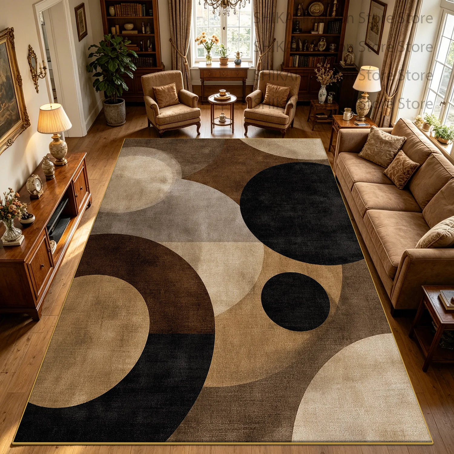 Geometrischer Retro-Kaffeefarbener Wohnzimmerteppich Dekoration Waschbarer Weicher Teppich Rutschfester Kurzflor-Couchtisch-Teppich