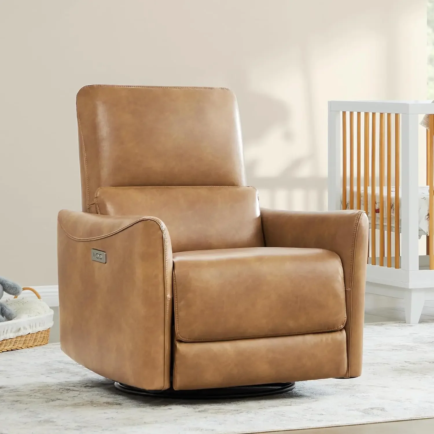 Elektrische Fauteuil Stoel Draaibare Zweefvliegtuig, Gestoffeerde Faux Lederen Woonkamer Ligstoel Met Lendensteun, Cognac Bruin