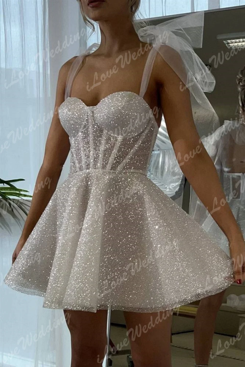 

Shiny A Line Mini Wedding Dresses Sweetheart Bow Straps Boning Corset Evening Party Dresses Women's Bridal Gown Customized