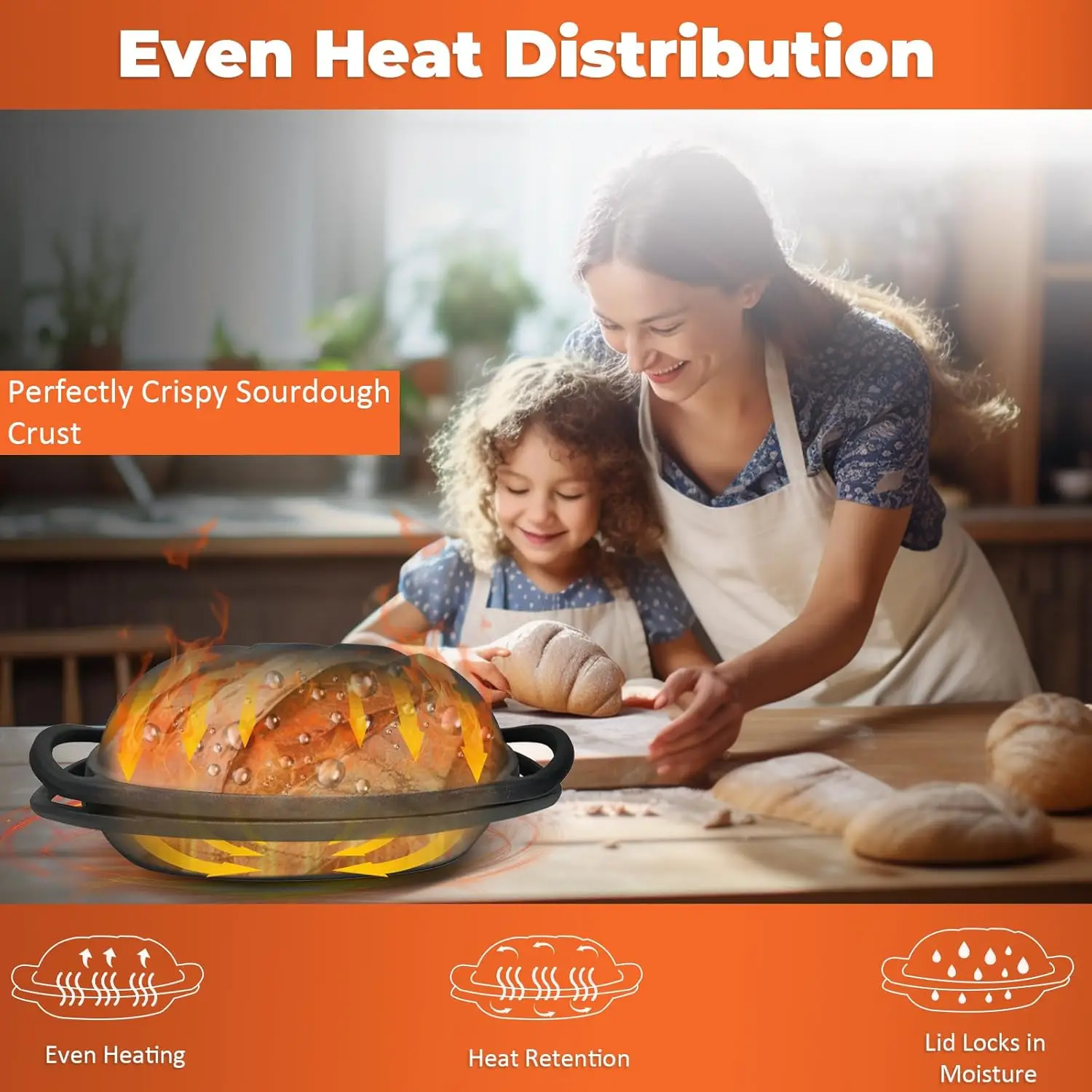 7.8 QT Heavy Duty กระทะขนมปังเหล็กหล่อปรุงรสล่วงหน้า, เตาอบดัตช์ก้อนขนาดใหญ่พร้อมฝาปิด, ถาดอบขนมปัง Sourdough - เข้ากันได้กับ