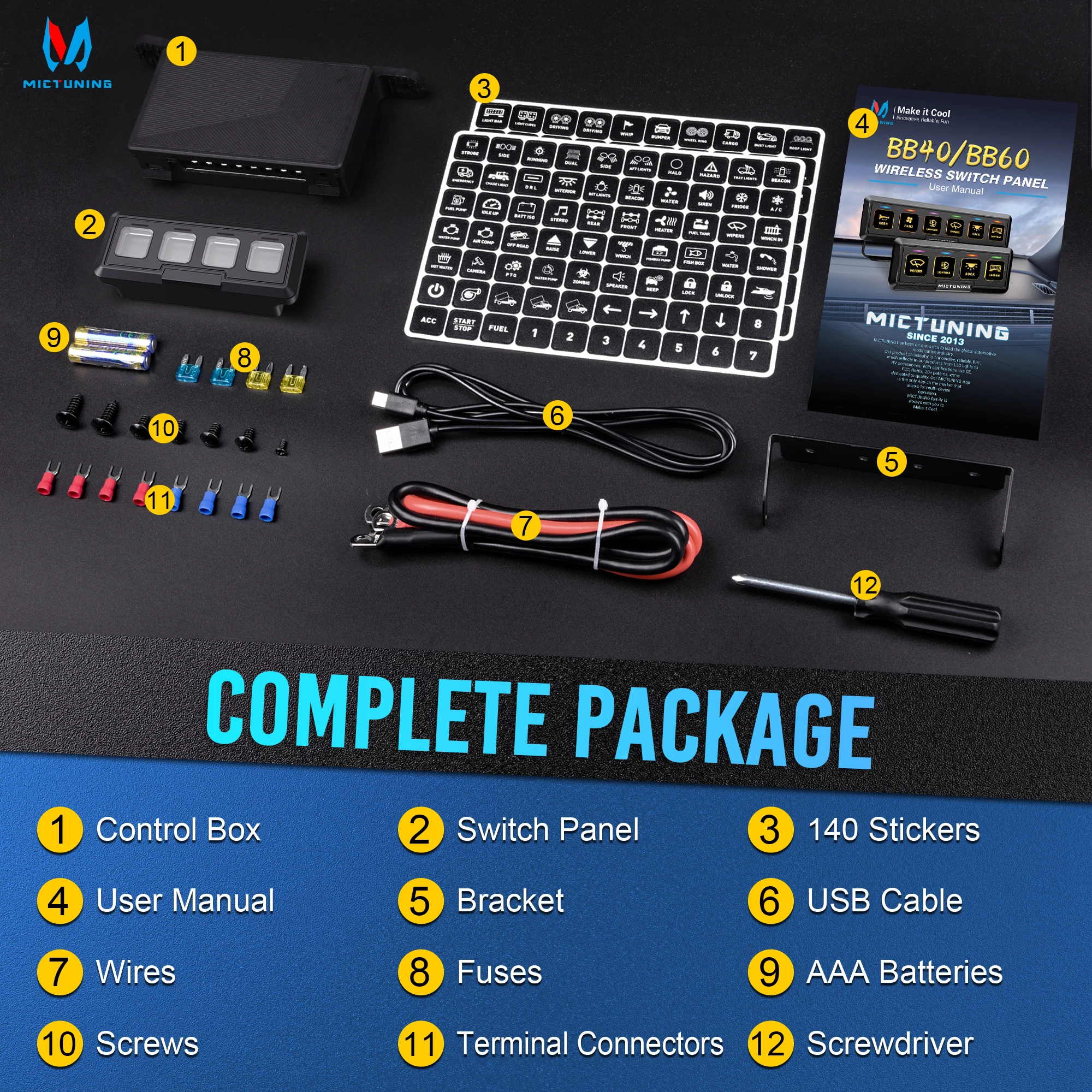 MICTUNING BB40 4 Gang Wireless Switch Panel,164FT Control Range Auxiliary ON-OFF Relay Circuit Box,AAA Batteries/USB Powered