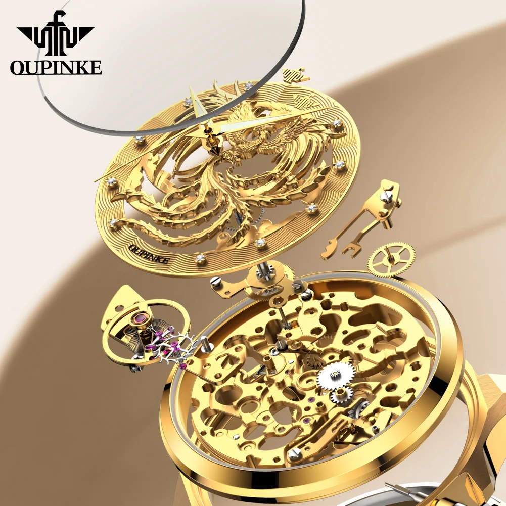 OUPINKE 3276 ساعة نسائية فاخرة الذهب فينيكس الجوف المرأة ساعة ميكانيكية أوتوماتيكية العلامة التجارية الأصلية الياقوت مرآة ساعة نسائية