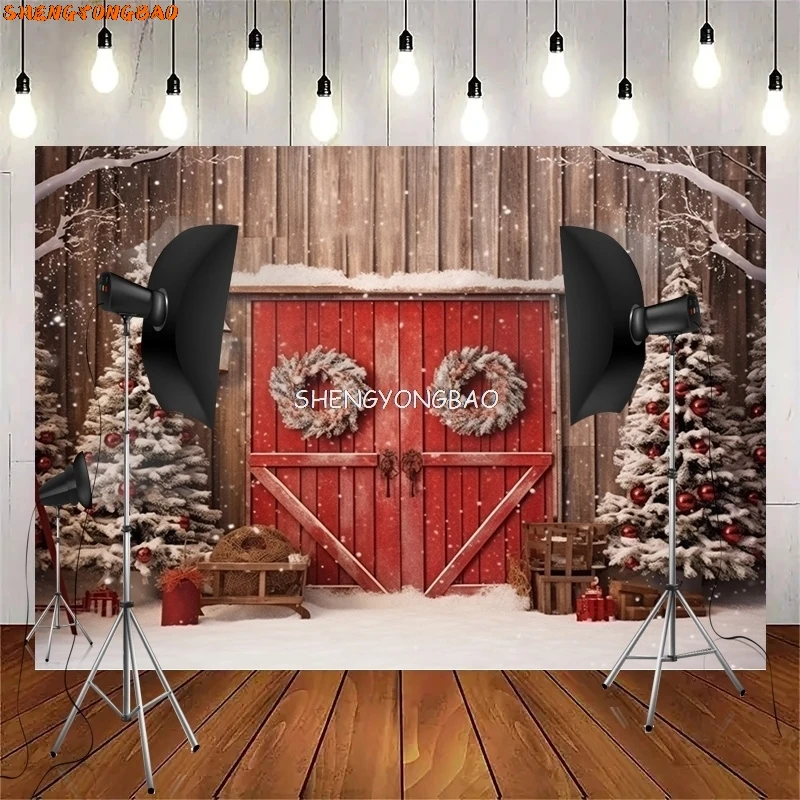크리스마스 트리 선물 상자 사진 배경, 겨울 눈 장식, 나무 문짝 벽난로 방 배경 소품 WR-01