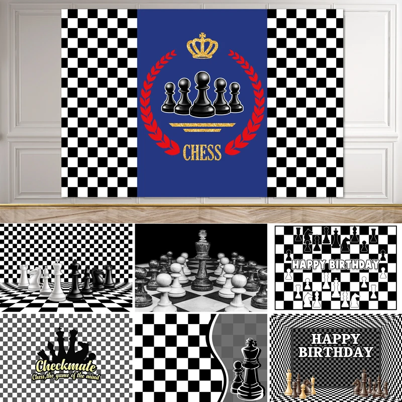 SeekPro International Chess Birthday Backdrop Black and White Checkered Photography Adults Party Baby Shower Game Decoration