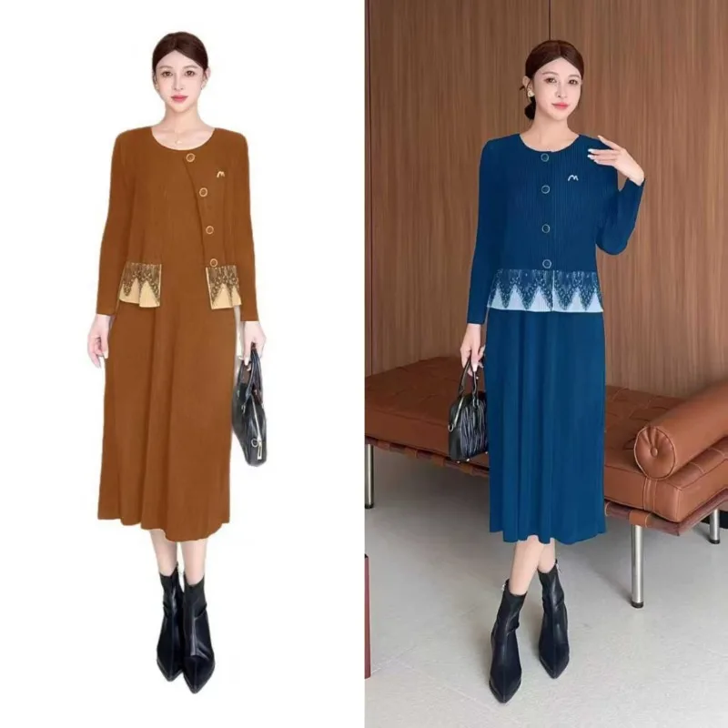 

Комплект плиссированной юбки Miyake, осень 202, элегантный носимый комплект, женский комплект из 2 предметов с принтом, дизайн Sense Premium Commuter, полный комплект