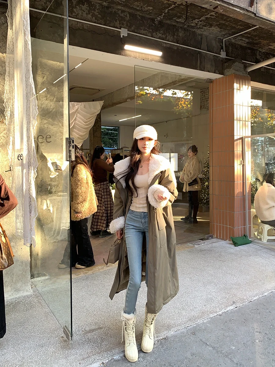 

Achi Long Parka Sle Du down Jaet Women's een Belted Fur Collar Leather Fur Coat Casual Loose Fit Warm Thiened