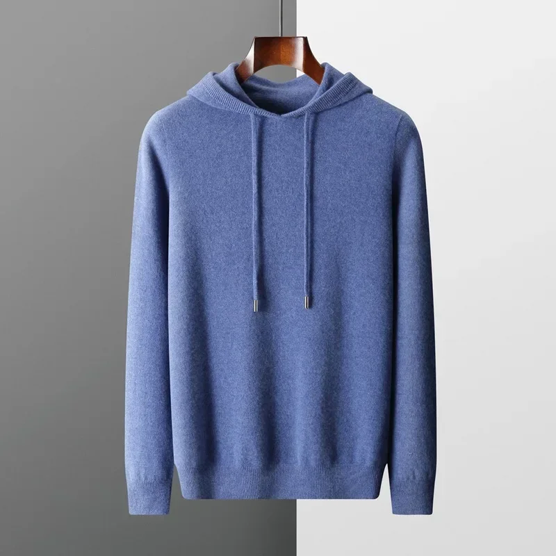 

Men's 100% Wool Hooded Sweater Autumn Winter New 2024 Sweater Hooded Collar Knitted Pullover Casual long Sleeved Hoodie