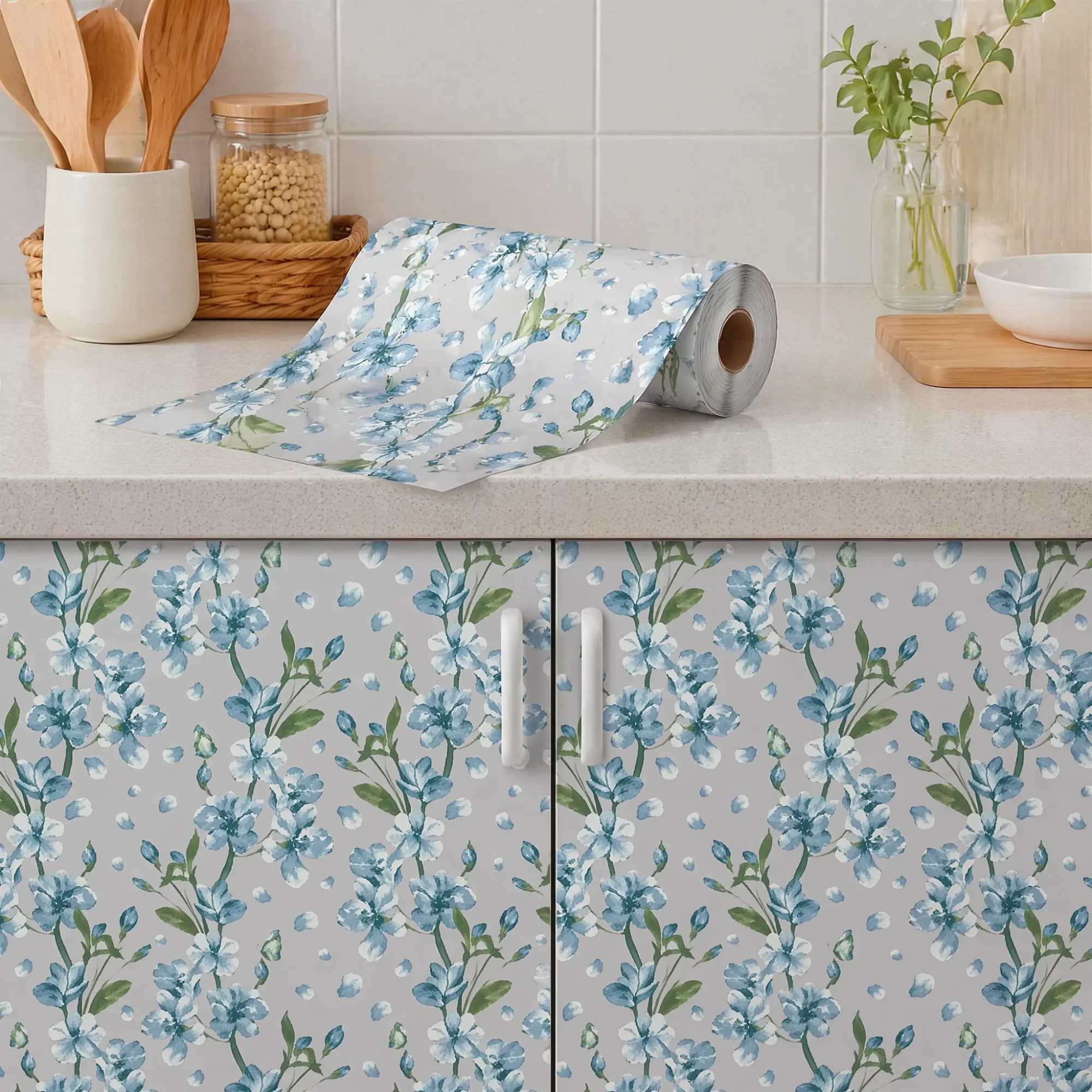 Blue Flower Pattern Waterproof Self-Adhesive Vinyl Wallpaper Peel-and-Stick Contact Paper for Home Wall Cabinet Renovation Decor