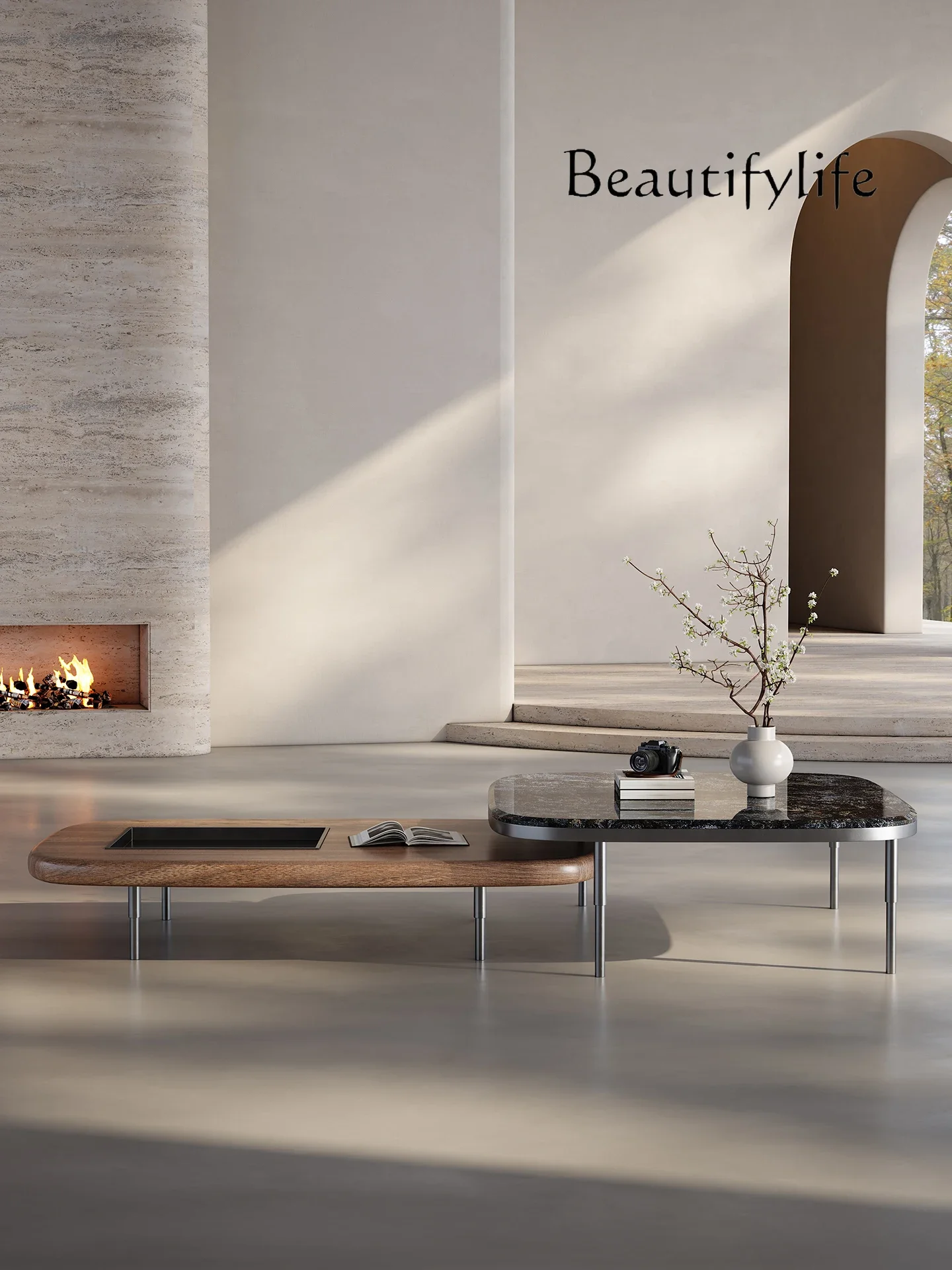 BX Platinum Diamond Luxury Stone Coffee Table High-end Light Luxury Italian Minimalist Flat-floor Villa Living Room Walnut