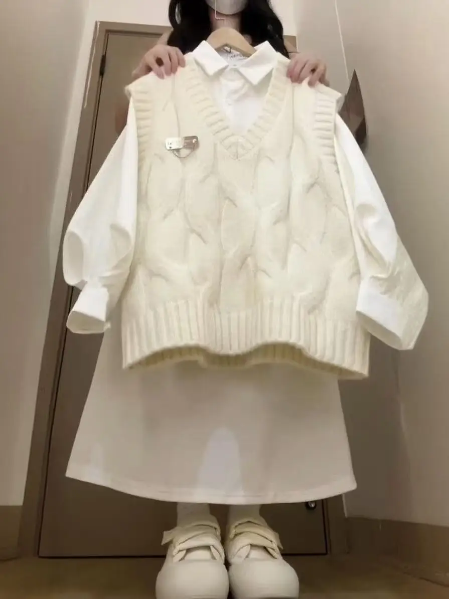 

Ранняя осень Sweet School Sle V-Ne витой вязаный жилет и белый длинный комплект из двух предметов Sve irt, женский ансамбль Faion