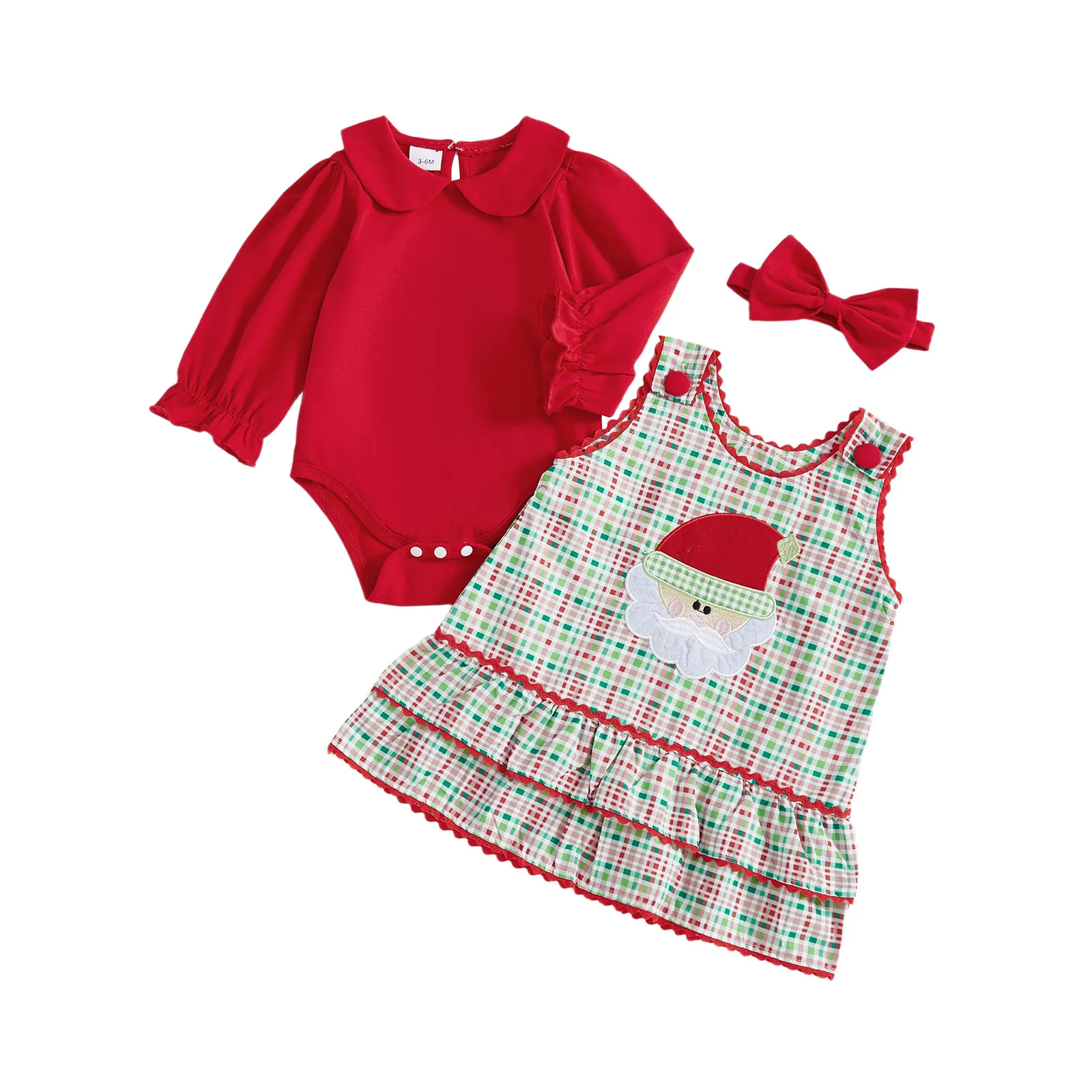 

Рождественский наряд для маленьких девочек, однотонный комбинезон с длинными рукавами и кукольным воротником, клетчатое платье-майка с бантом, повязка на голову, комплект из 3 предметов