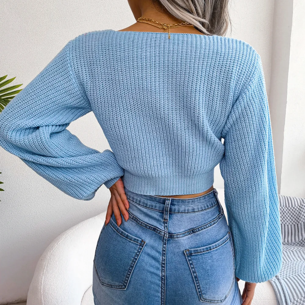 2025 Otoño Invierno mujer suéter Tops suéteres mujer moda arco cuello pico linterna manga Crop Top suéter
