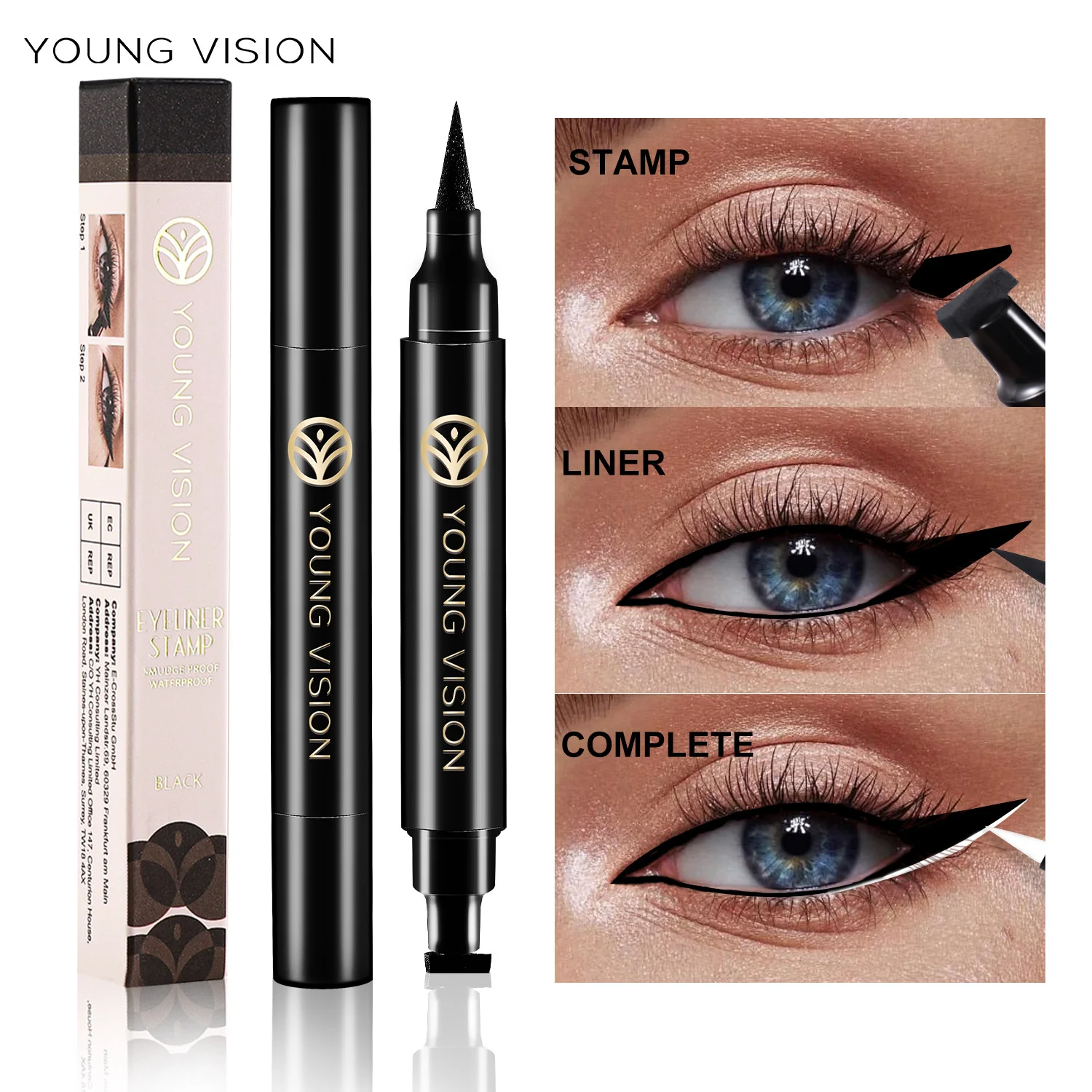 Dual-Ended Stamp Eyeliner Pen, 2-in-1 wasserdichter und wisch fester schwarzer Eyeliner mit dreieckiger Spitze, lang anhaltende Präzision