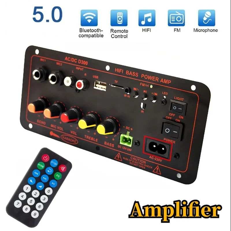 Bluetooth 5.0 Audio 300W Amplifier Board D300 Subwoofer Dual Microphone AMP Amplificatore Module Car Media Player