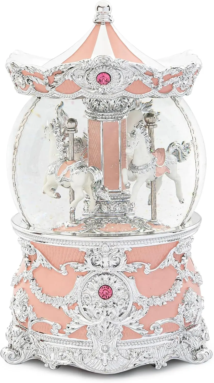Silver & Pink Christmas Snow Globe Carousel Music Box, 8.3 Inch Rotating Wind-Up Musical Globe for Kids & Adults, Girls Gift