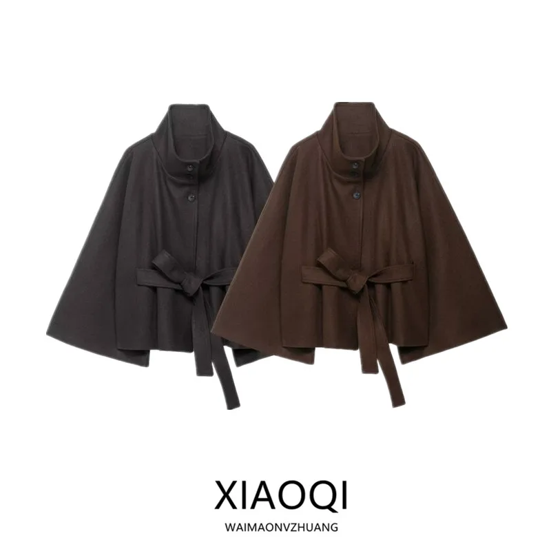 

Осень 2023, новое женское свободное модное шерстяное пальто с поясом, длинный воротник-стойка, застежка на пуговицах