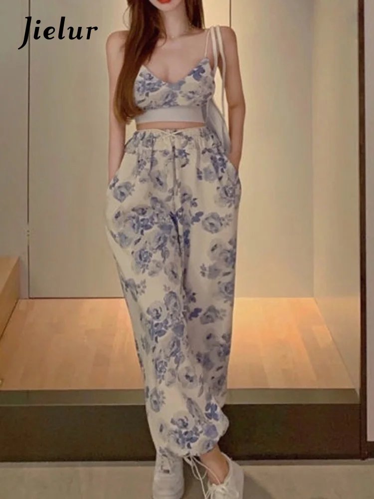 Jielur Sexy Y2K Floral Two Piece Top Pant Set Women Korean Casual High Street Summer Suit Elegant Mini Top Long Wide Leg Pants