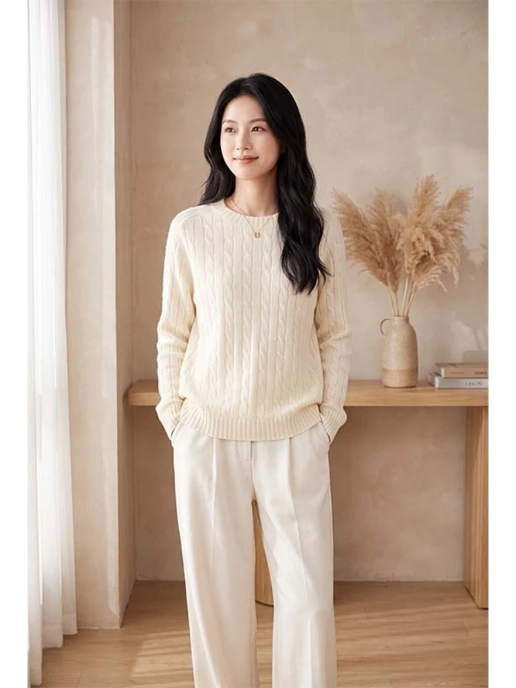 New Seamless Twisted Flower Round Neck Pullover Cashmere Sweater for Autumn and Winter Women's Loose Wool Knitted Sweater