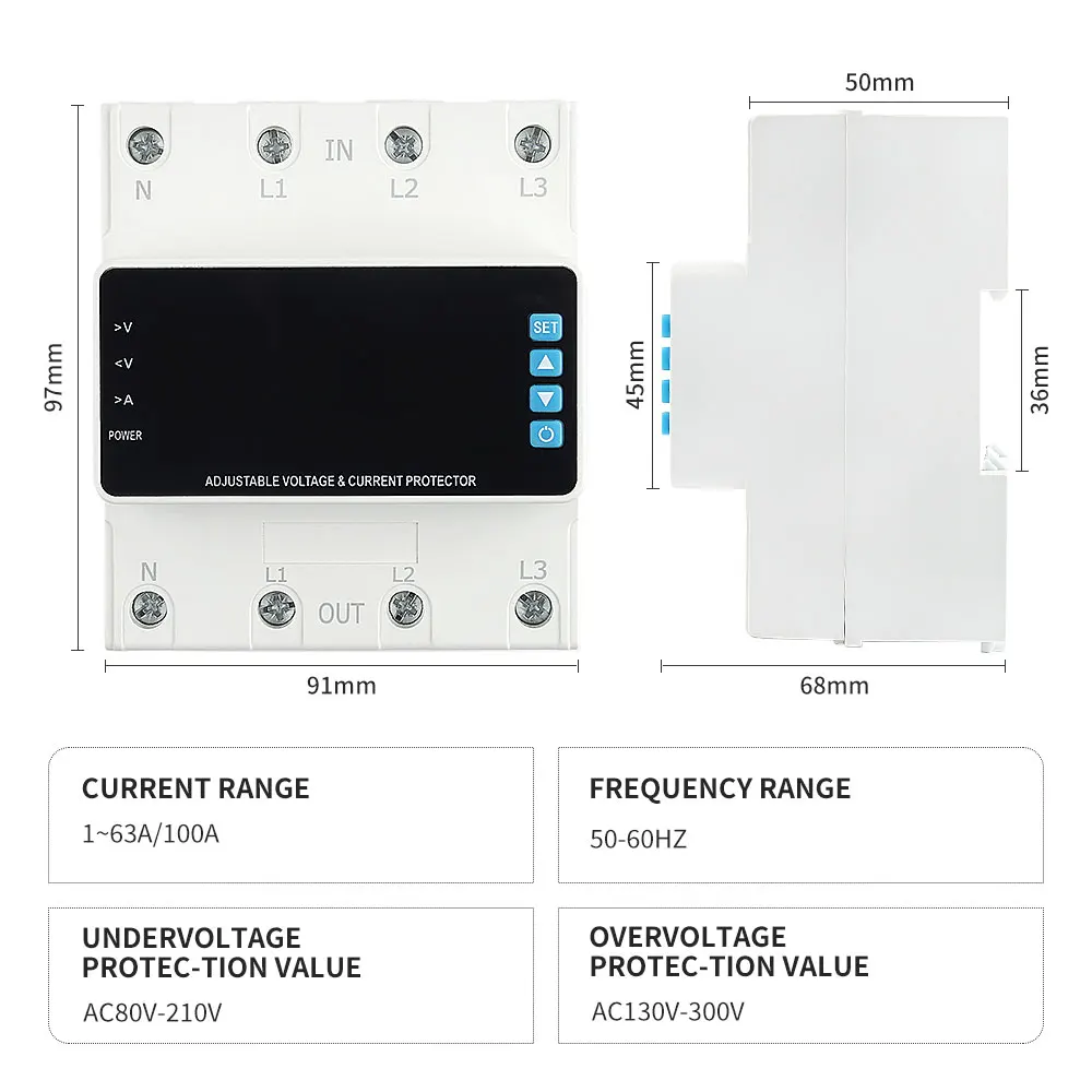 3 Phase 4 Wire Adjustable Voltage Current Protector 63/100A Over Undervoltage Overcurrent Protection Relay with LED Display