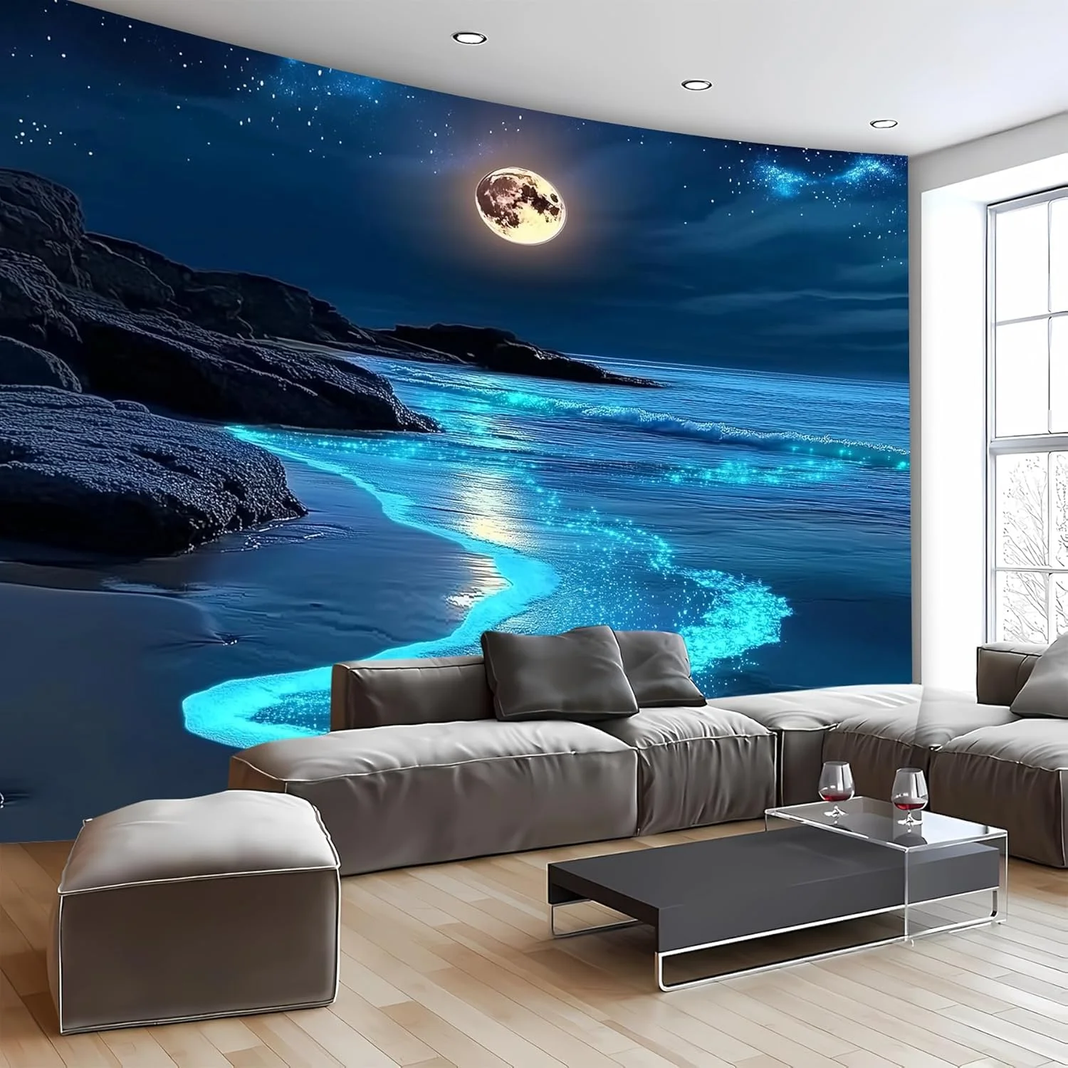 VIKAMA 3D Fantasy Nature Sky Tapestry Stunningly Beautiful Moon Over Ocean Wall Hanging Landscape Wall Art Blanket for Bedroom