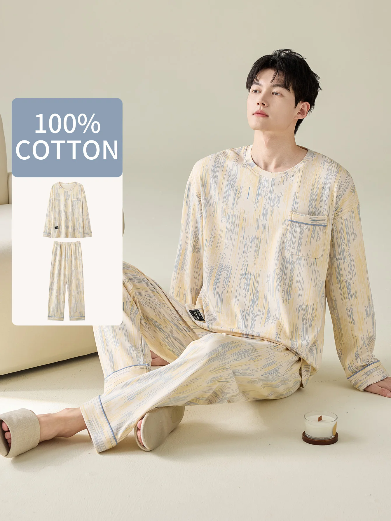 

Men's 100% cotton long sleeved four season plus size men's sleepwear, teenage pure cotton home suit set for warmth