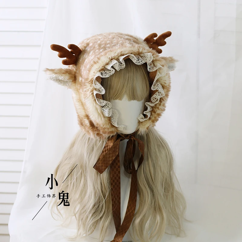 Cute Deer Print Hat Beanies Plush Winter Bonnet Lolita Deer Ears Furry Hats Warm Winter hats