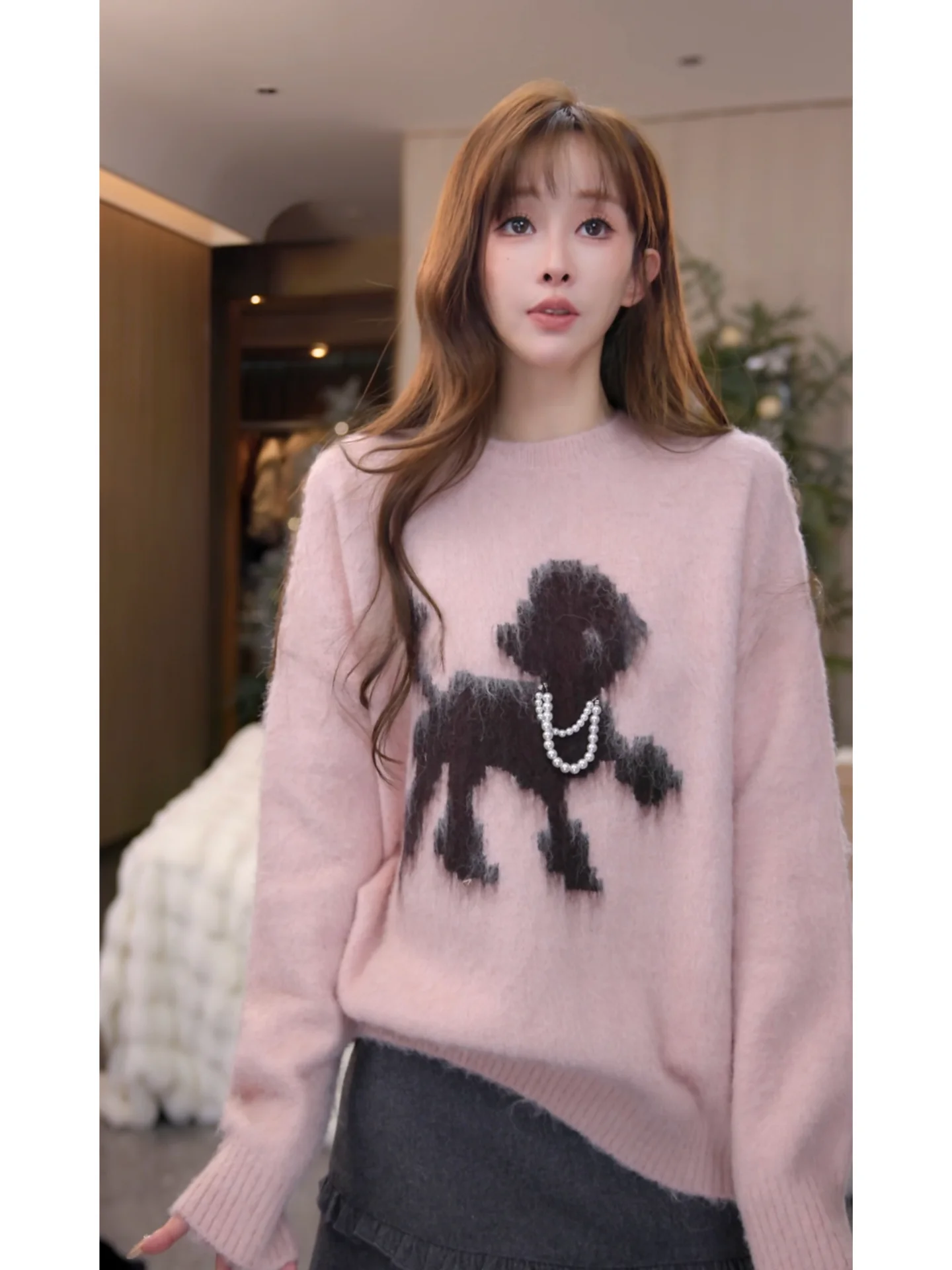 Arro Little Dog Beads Sweater Women Winter Set with Woolen Skirt Pants Korean Sle Cute Casual Faion Mimius Brand