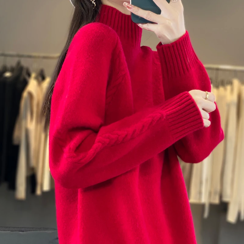 Frauen Pullover Für Winter 100% Merino Wolle Mock Neck Dicke Warme Pullover Twist Blume Langarm Reine Wolle Stricken Koreanische Mode