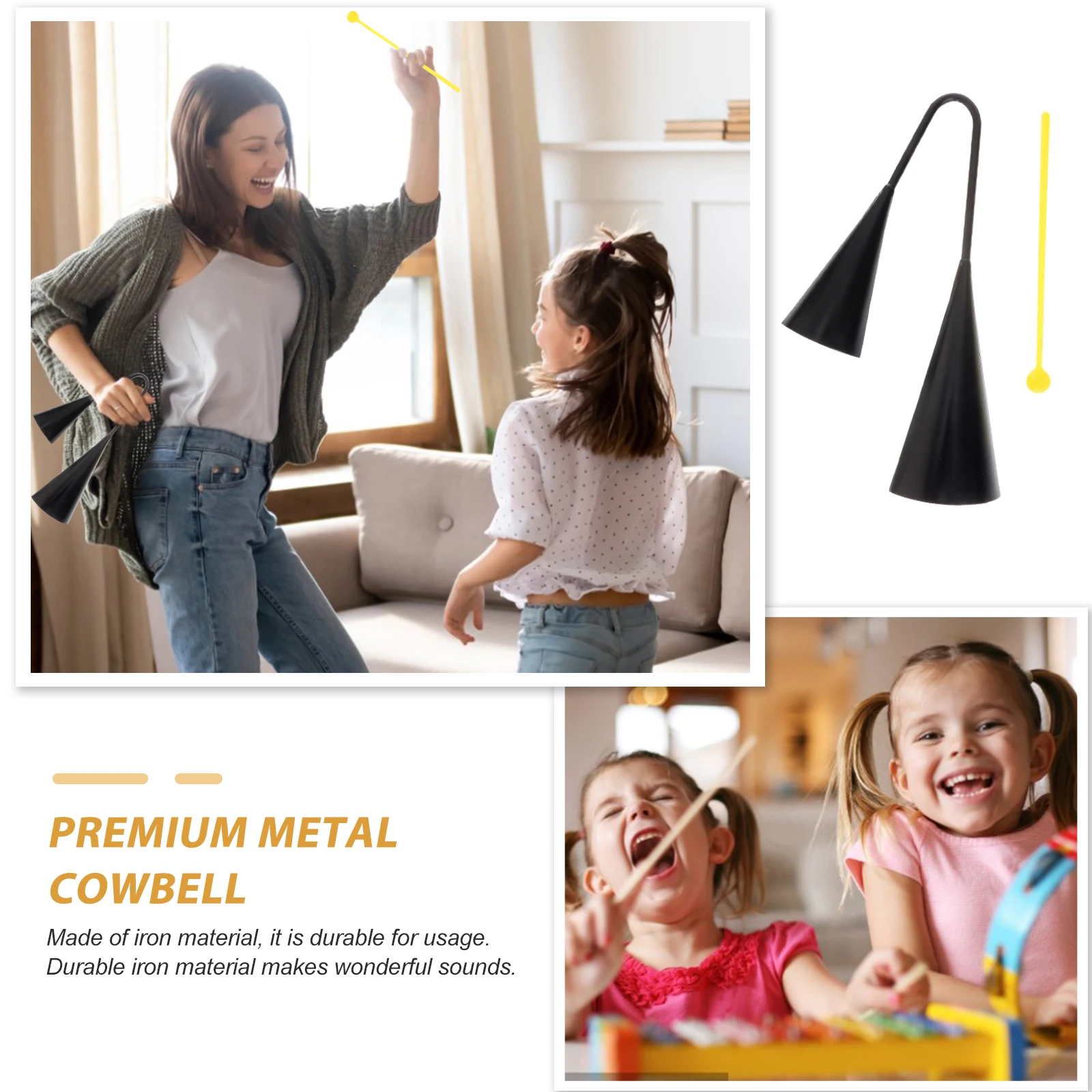 

Music Bell Black Cowbells Metal Durable Iron Classroom Percussion Easy Carry Wood Hammer Festival Cheer Double Cowbells For