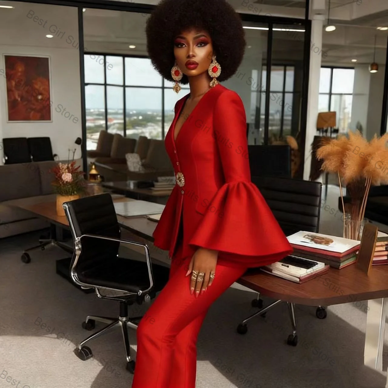 Red Women Suit Set 2 Piece Blazer+Pants Trousers Flare Sleeves Autumn Spring Formal Office Lady Jacket Customized Wedding Coat