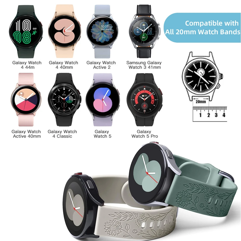 YAYUU Bandas grabadas con girasoles de 20 mm para Samsung Galaxy Watch 5/Watch 4/Watch 6 40 mm 44 mm/Galaxy Watch 5 Pro 45 mm/Galaxy Active 2
