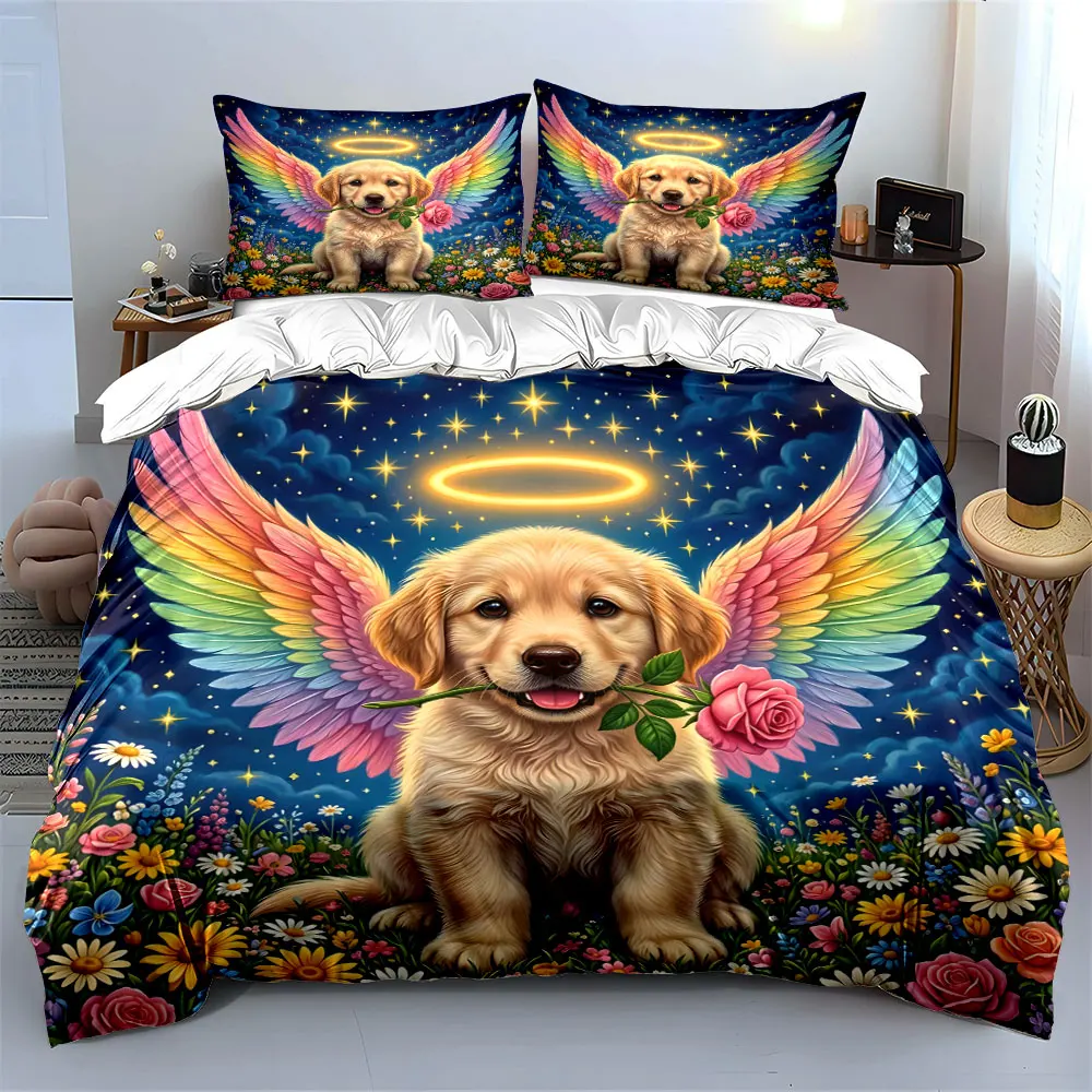 Angelic rainbow-winged dog with rose Printed Duvet Cover Set 1 Duvet Cover+2 Pillowcase Multi Size Bedroom Bedding Decoration