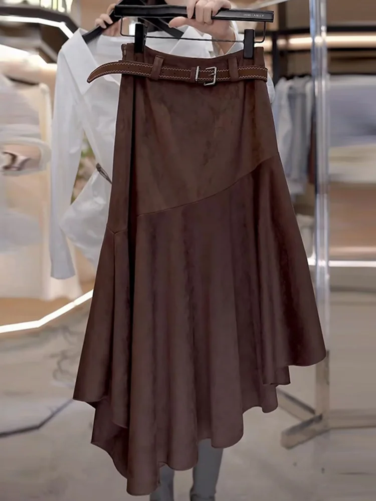 

Korean Style Asymmetrical Hem Fish Tail Skirt Women's High Waist Drapey Midi Length Half Skirt Casual Splice Girl's High Wais...