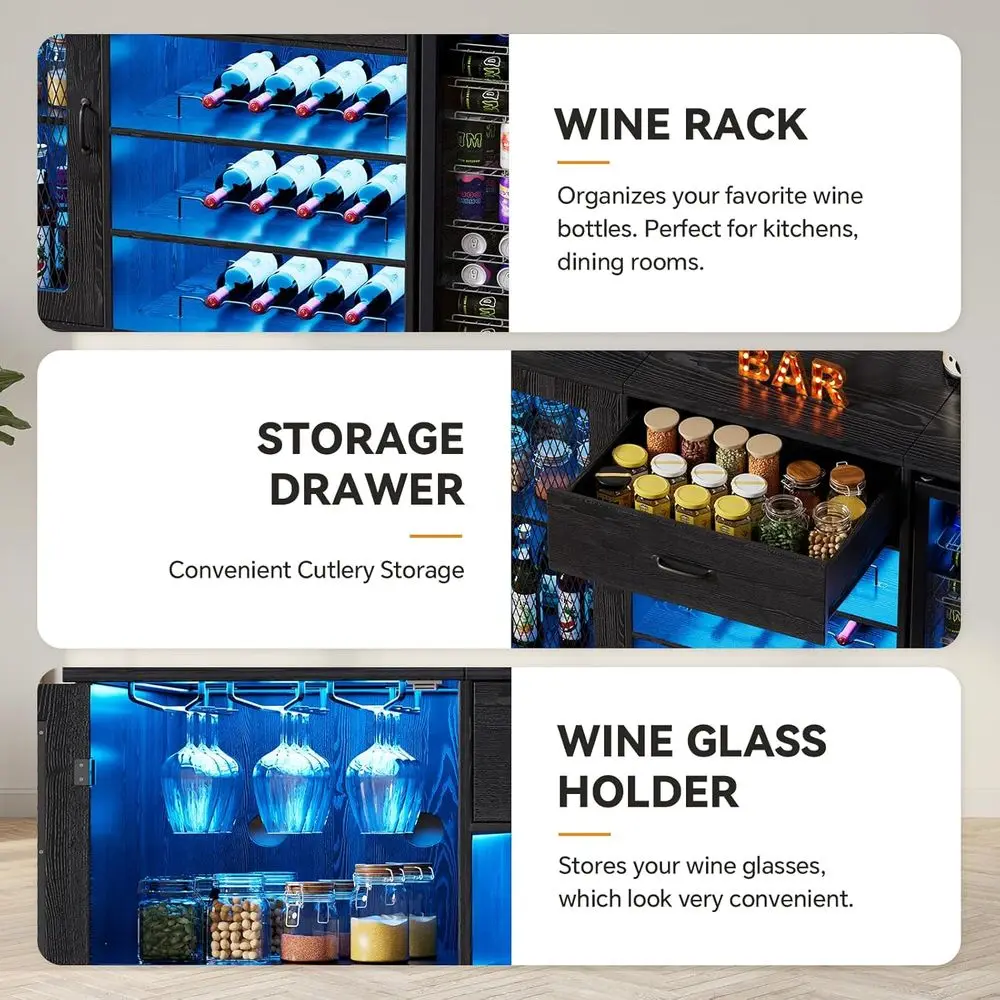 LED-beleuchteter Ridge Space Bar-Schrank mit Ladestation und Schubladenaufbewahrung in Schwarz