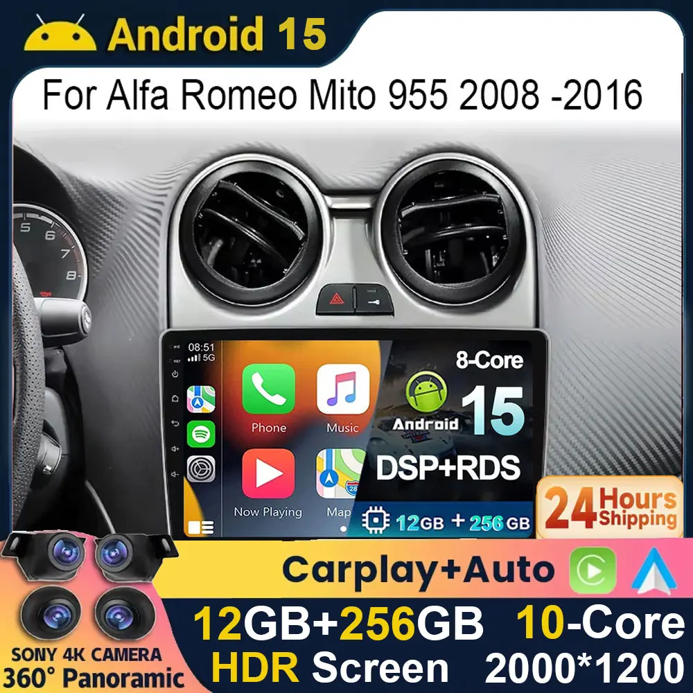Android 15 2K QLED Car Radio For Alfa Romeo Mito 955 2008 -2016 Multimedia Player Navigation GPS 2Din Carplay Stereo 4G WIFI BT