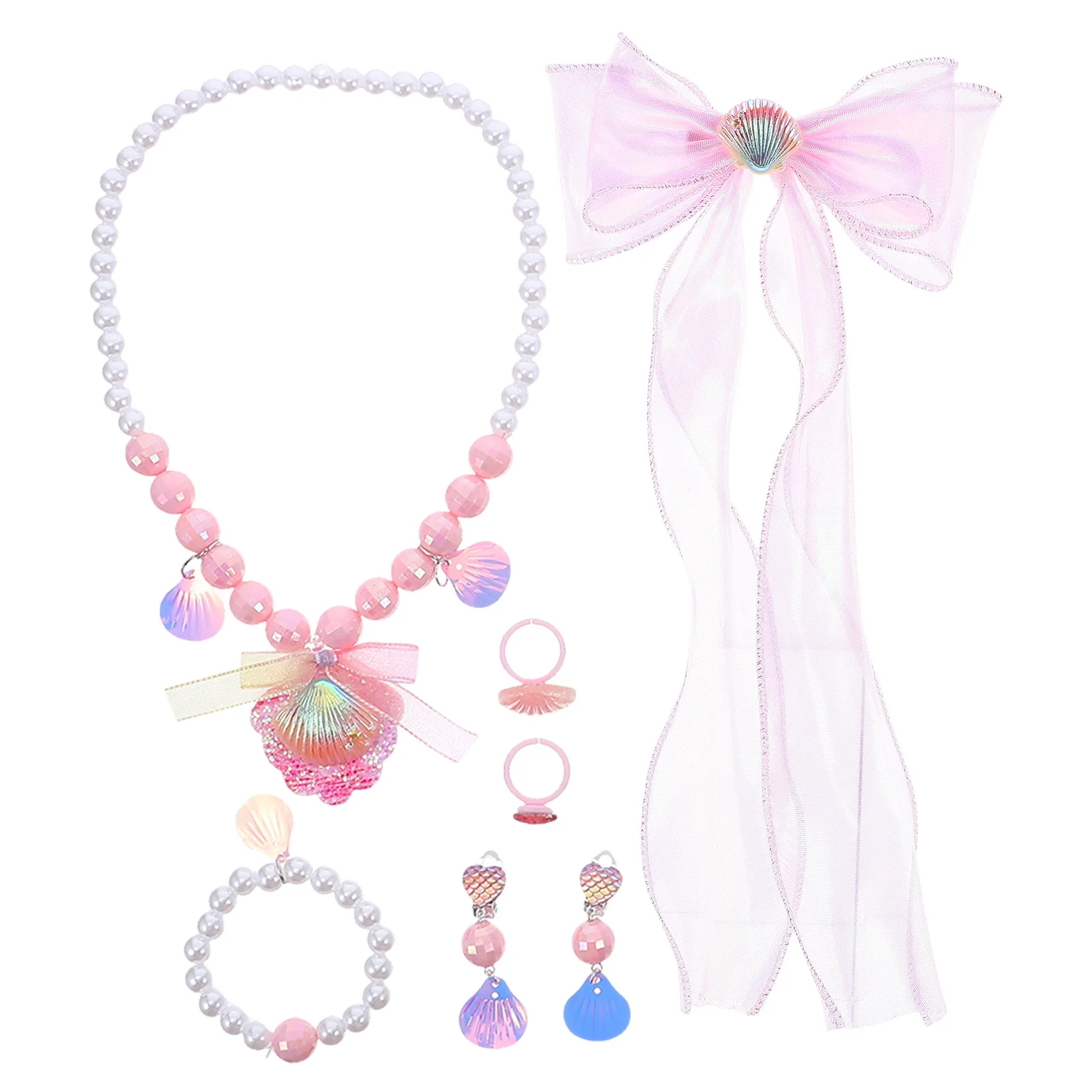 

1Set Kids Mermaid Jewelry Set Shell Necklace Pearl Bracelet Bow Hair Clips Earrings Ring Princess Dress Up Party